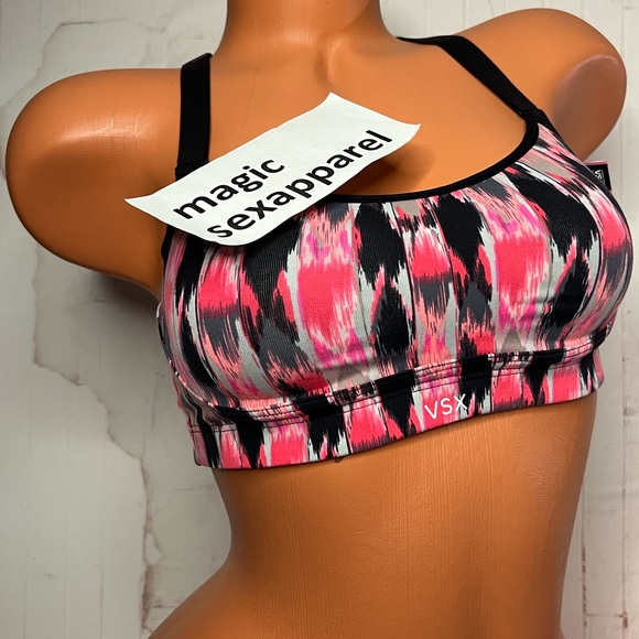 VSX 34B LOGO SPORTS BRA RACERBACK MEDIUM SUPPORT STRAPPY CAGED NEON - Picture 2 of 2